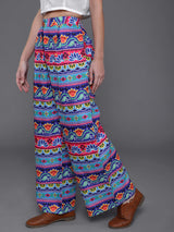 Blue & Pink Floral Print Flared Palazzo - Elganza