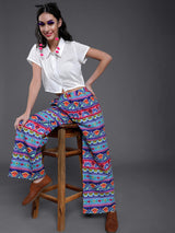Blue & Pink Floral Print Flared Palazzo - Elganza