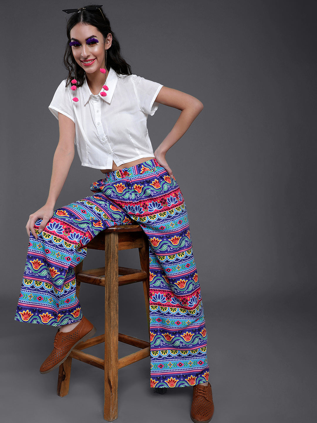 Blue & Pink Floral Print Flared Palazzo - Elganza