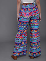 Blue & Pink Floral Print Flared Palazzo - Elganza