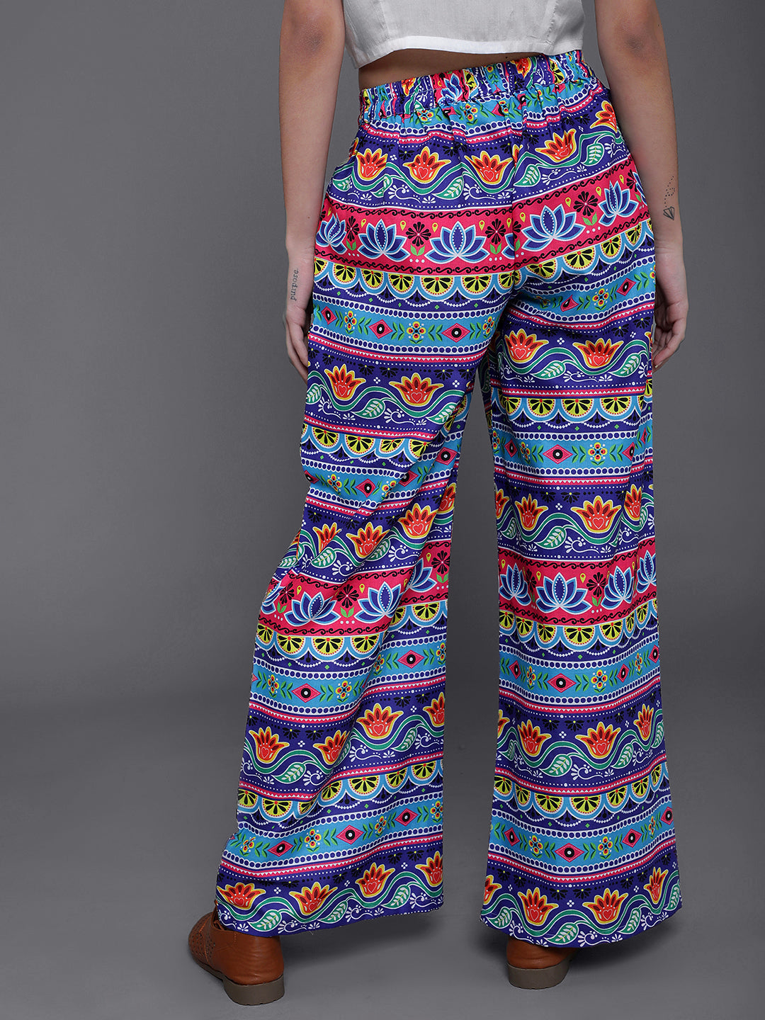 Blue & Pink Floral Print Flared Palazzo - Elganza