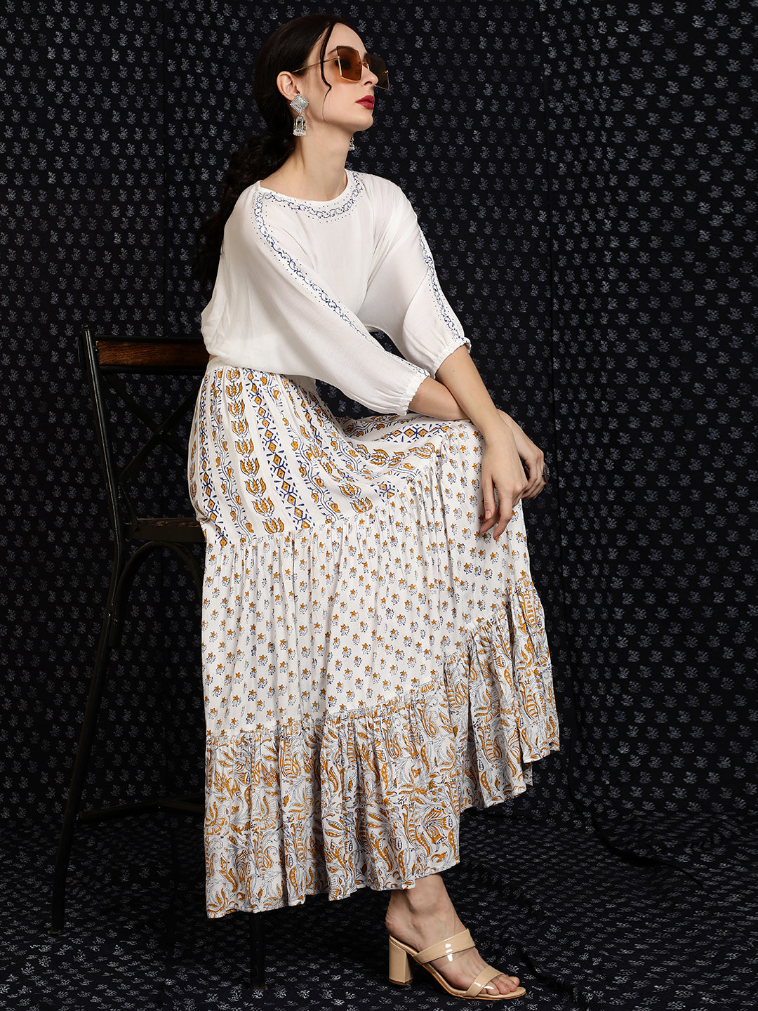 White Block Print Tiered Skirt - Elganza