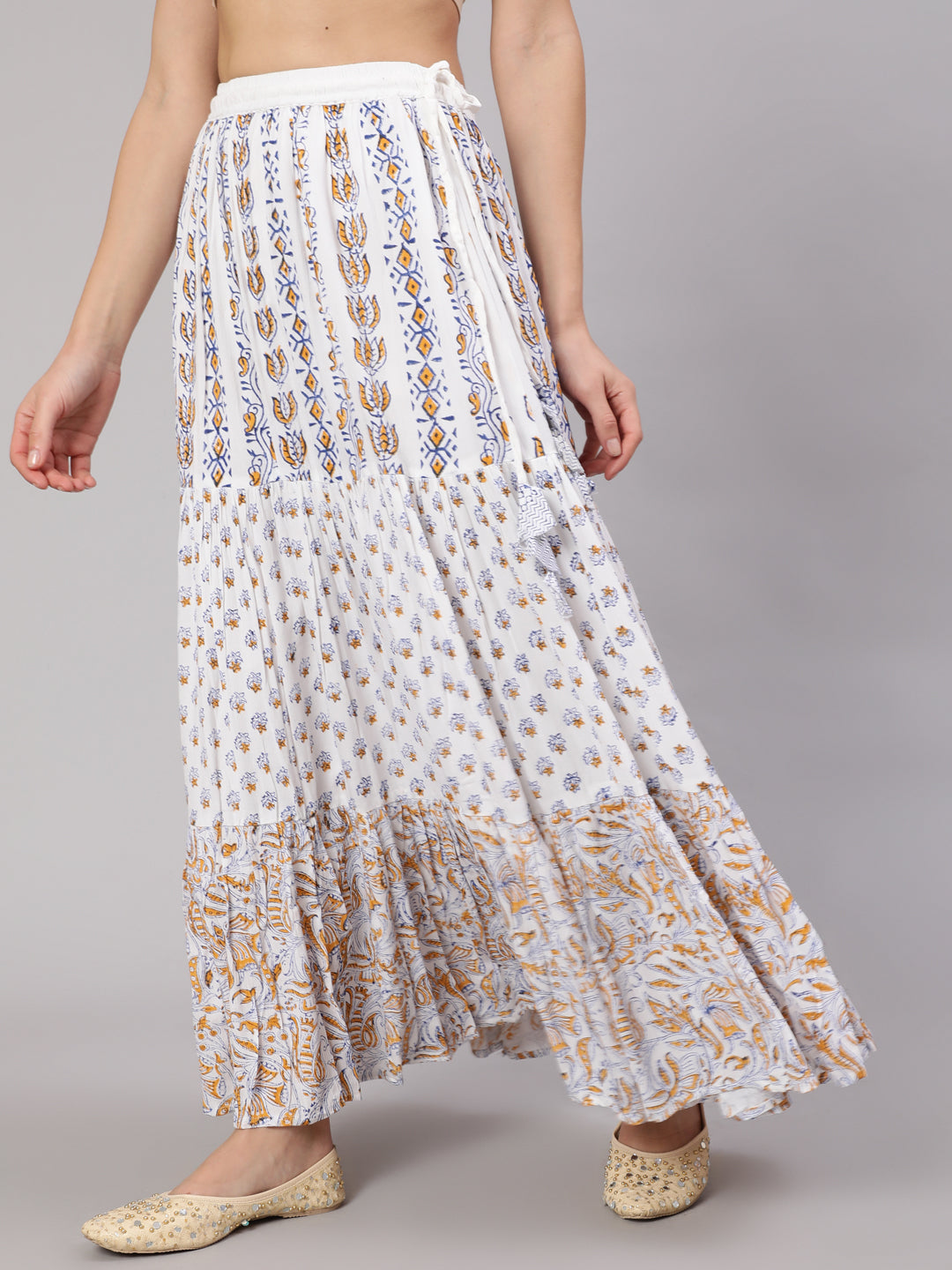 White Block Print Tiered Skirt - Elganza