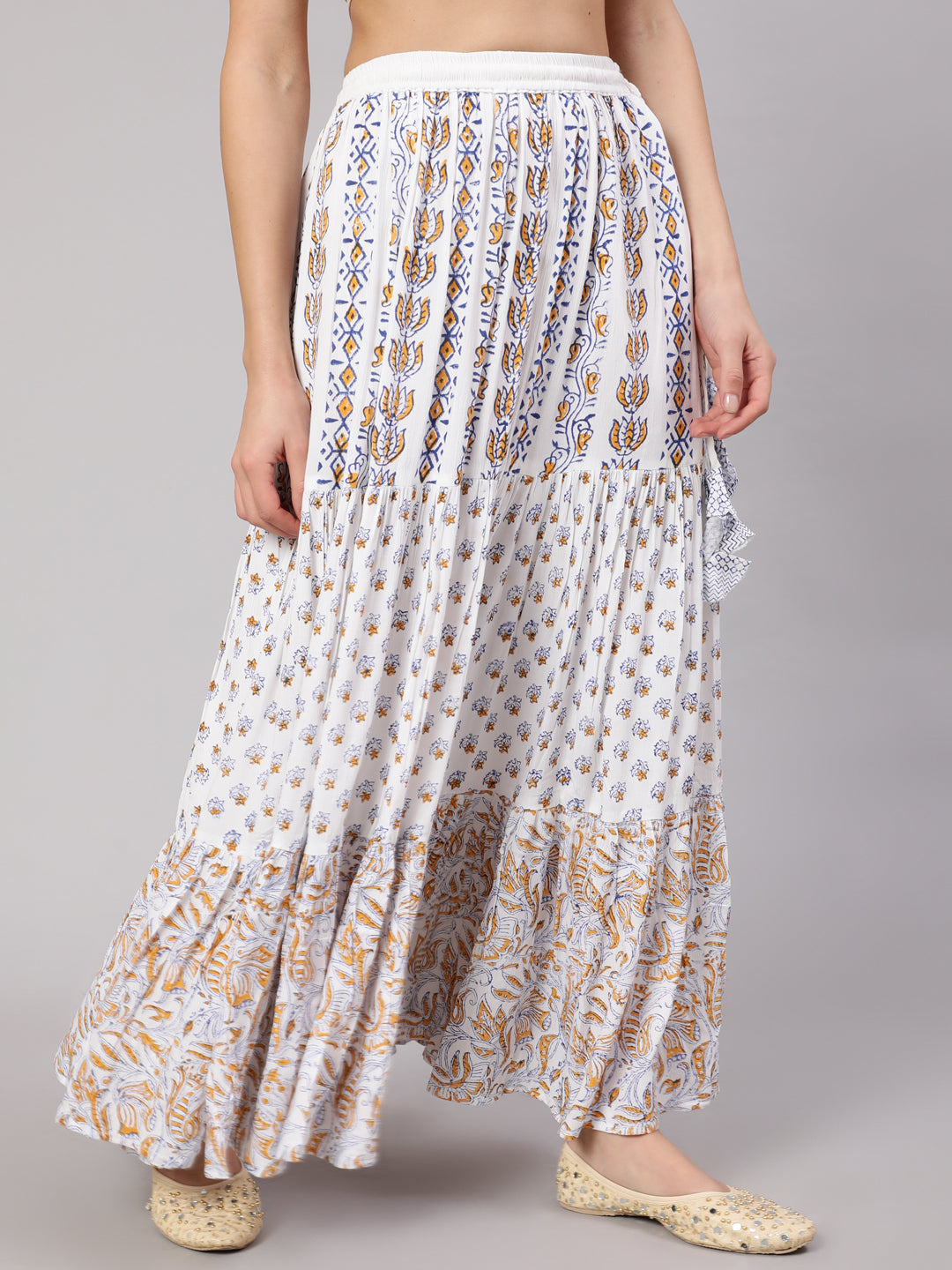 White Block Print Tiered Skirt - Elganza