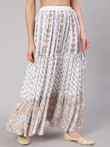 White Block Print Tiered Skirt - Elganza