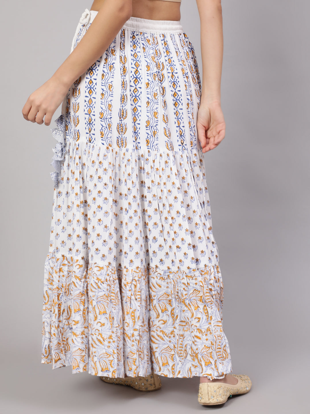 White Block Print Tiered Skirt - Elganza