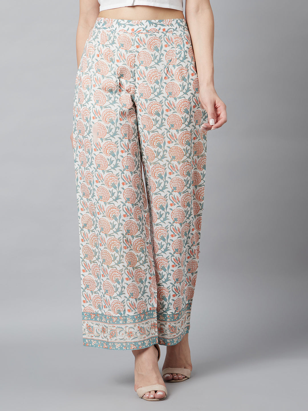 White Floral Print Palazzo - Elganza