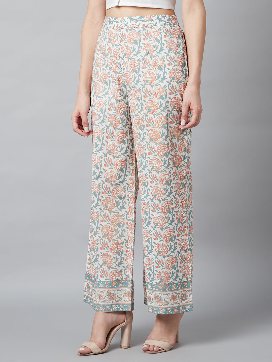 White Floral Print Palazzo - Elganza