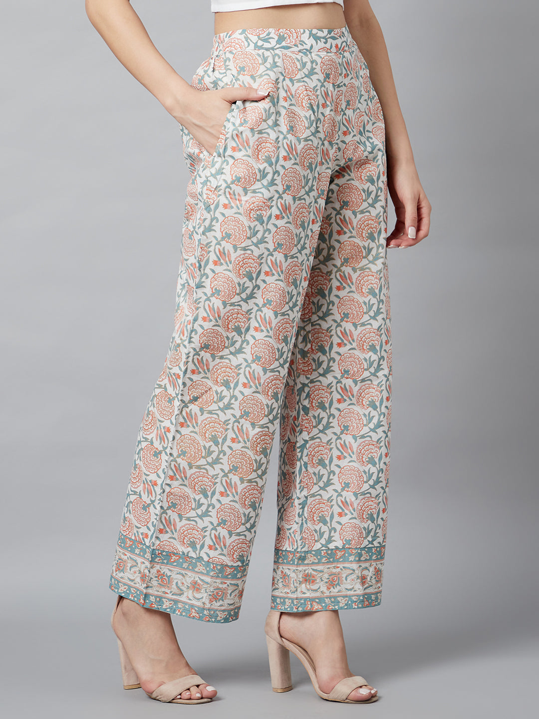 White Floral Print Palazzo - Elganza