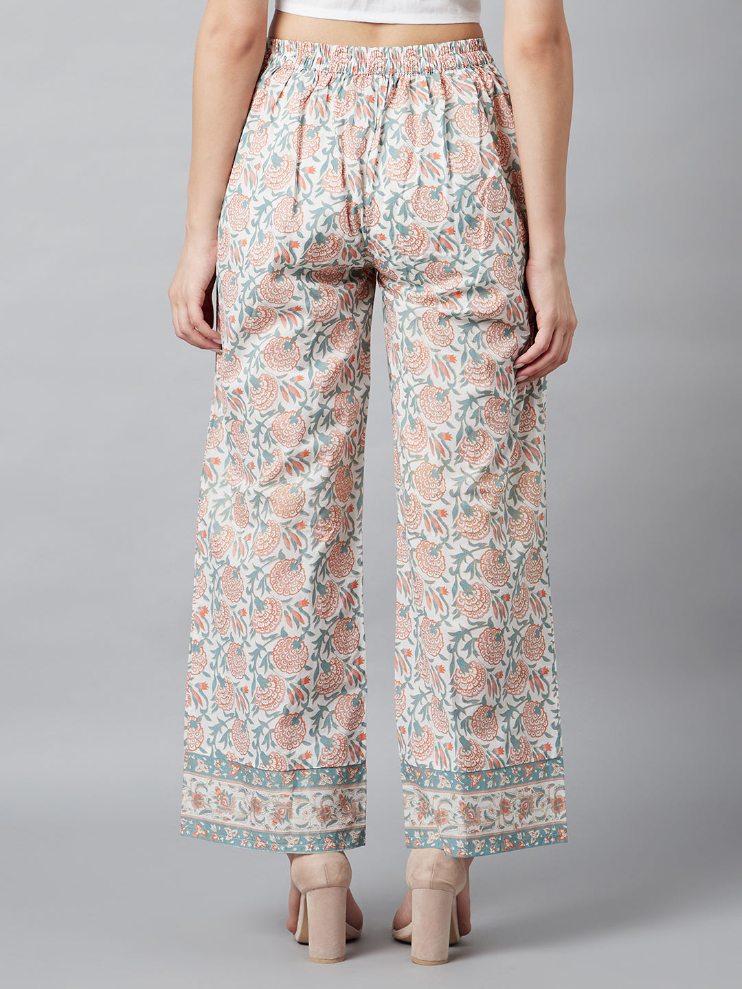 White Floral Print Palazzo - Elganza