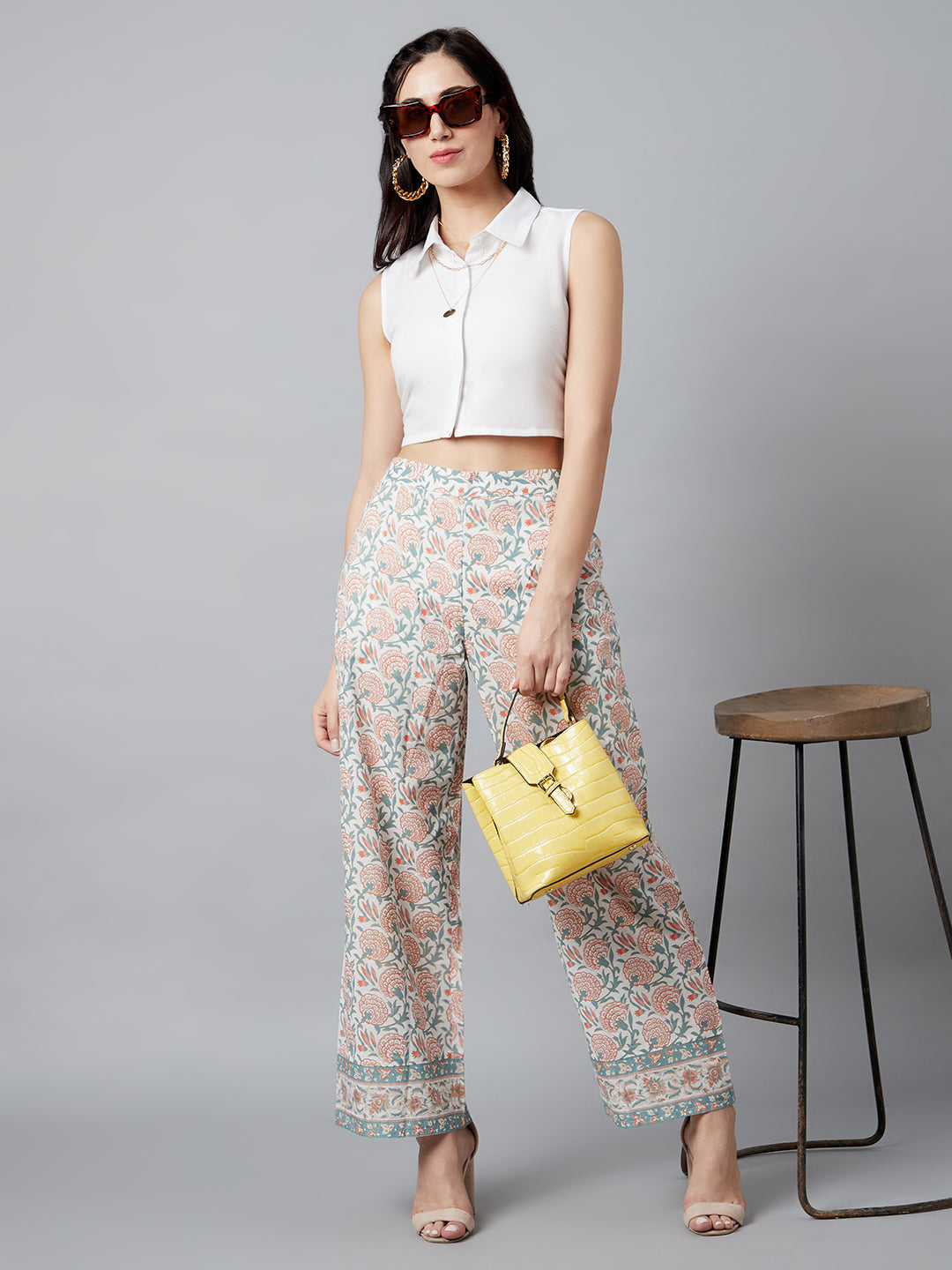 White Floral Print Palazzo - Elganza