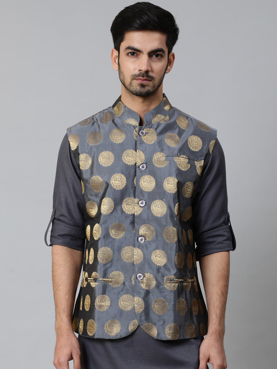 Grey Brocade Nehru Jacket - Elganza