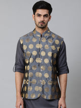 Grey Brocade Nehru Jacket - Elganza