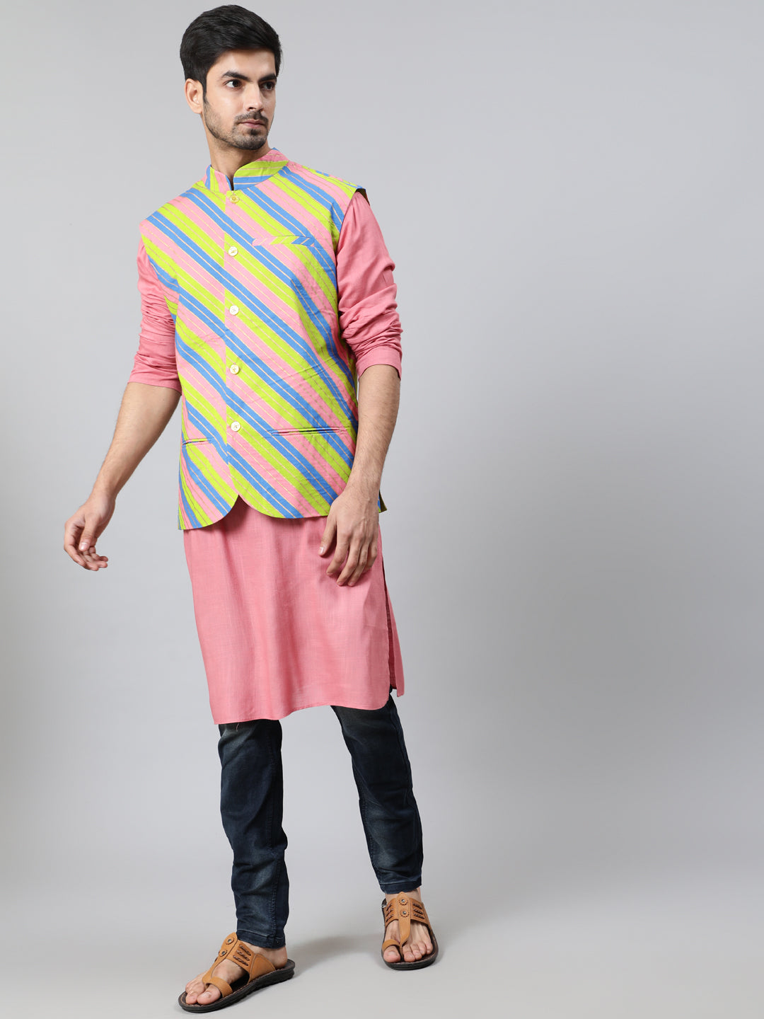 Pink Long Kurta with Striped Jacket