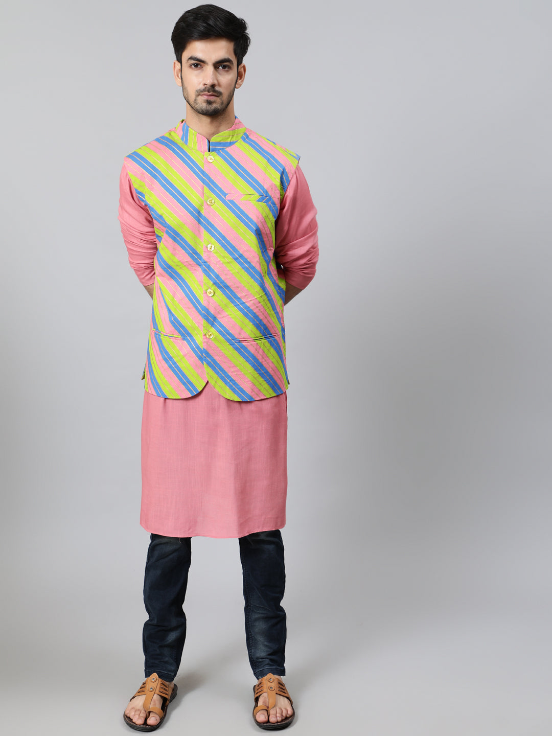 Pink Long Kurta with Striped Jacket