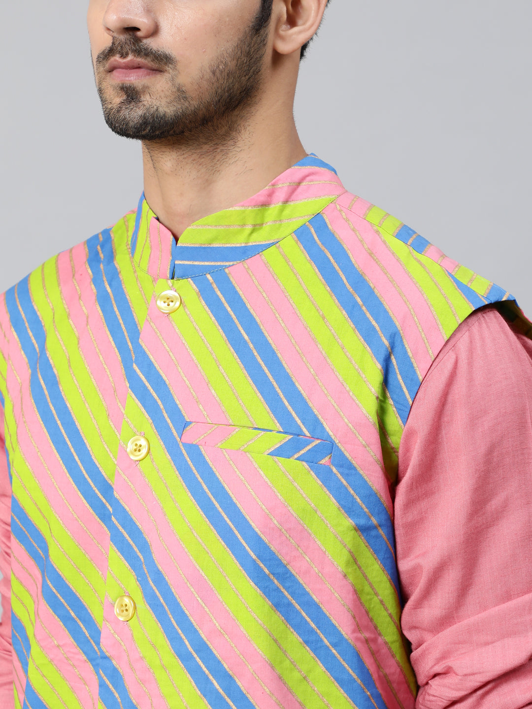 Pink Long Kurta with Striped Jacket