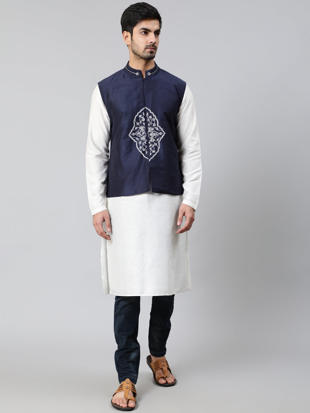 White Kurta With Embroidered Nehru Jacket