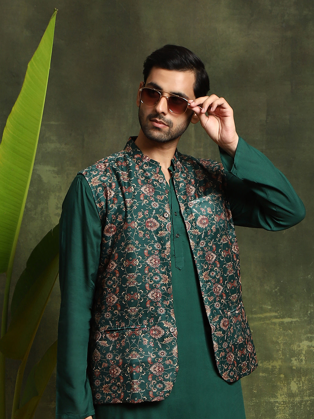 Green Kurta With Nehru Jacket - Elganza