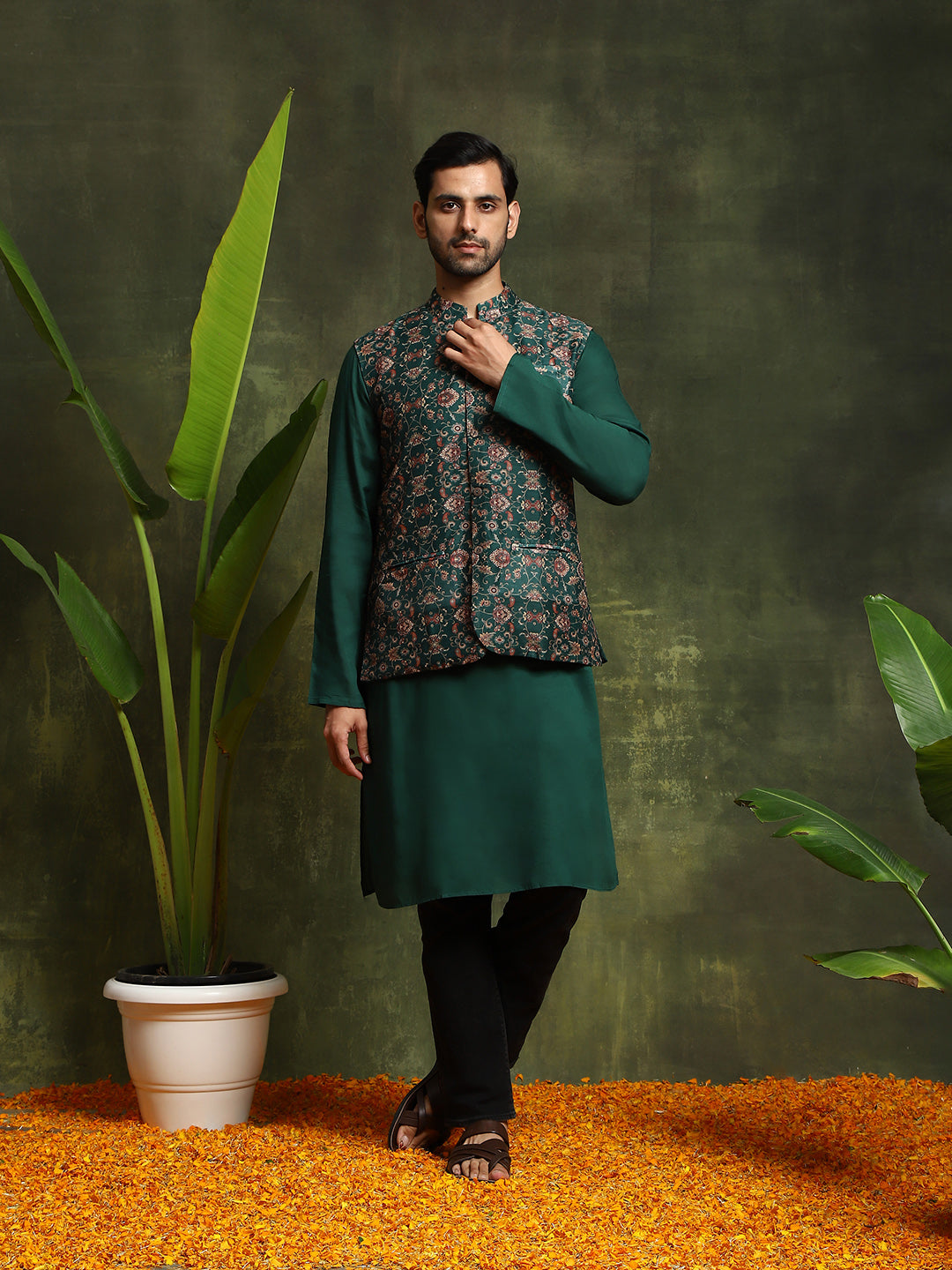 Green Kurta With Nehru Jacket - Elganza