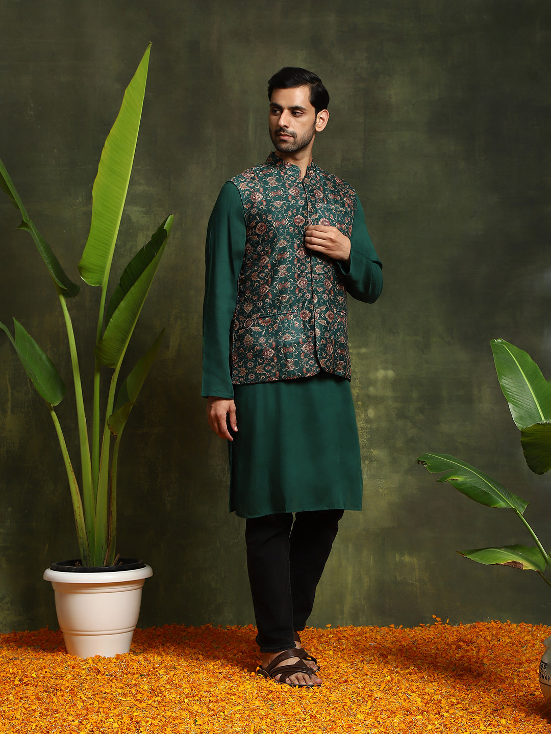 Green Kurta With Nehru Jacket - Elganza