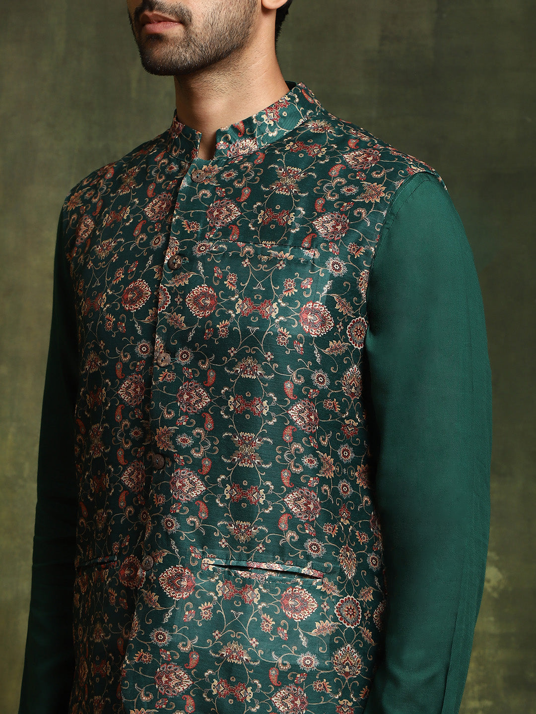 Green Kurta With Nehru Jacket - Elganza