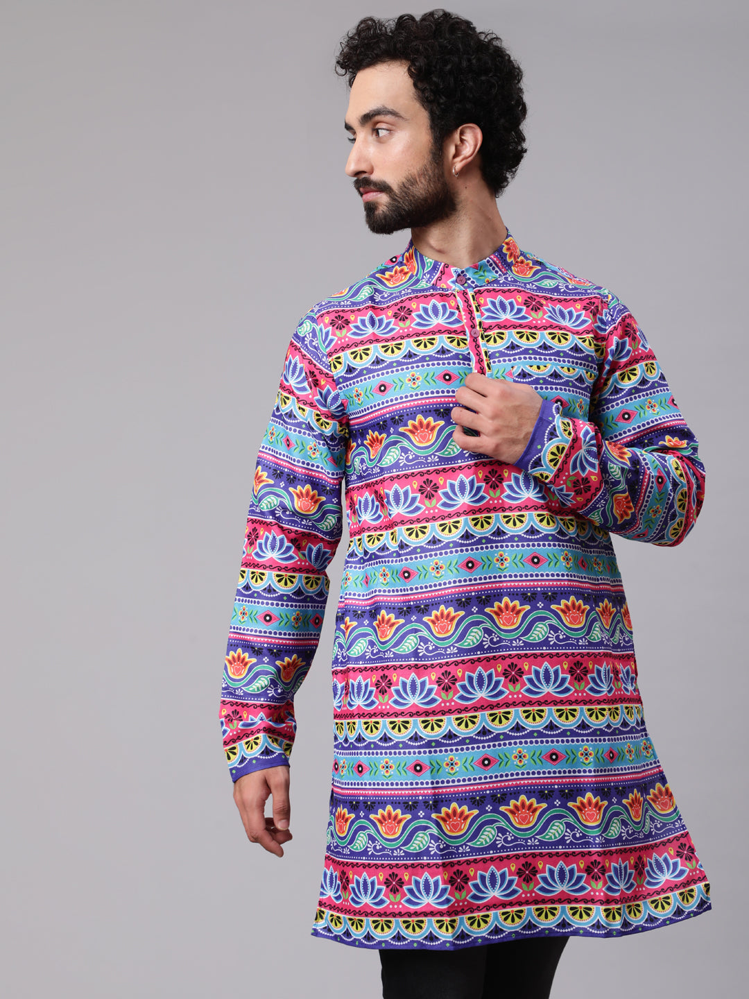 Blue Red Floral Print Kurta - Elganza