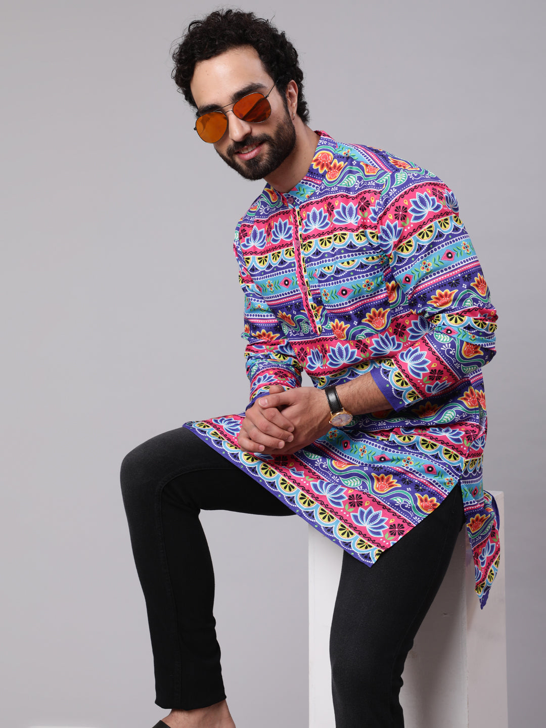 Blue Red Floral Print Kurta - Elganza