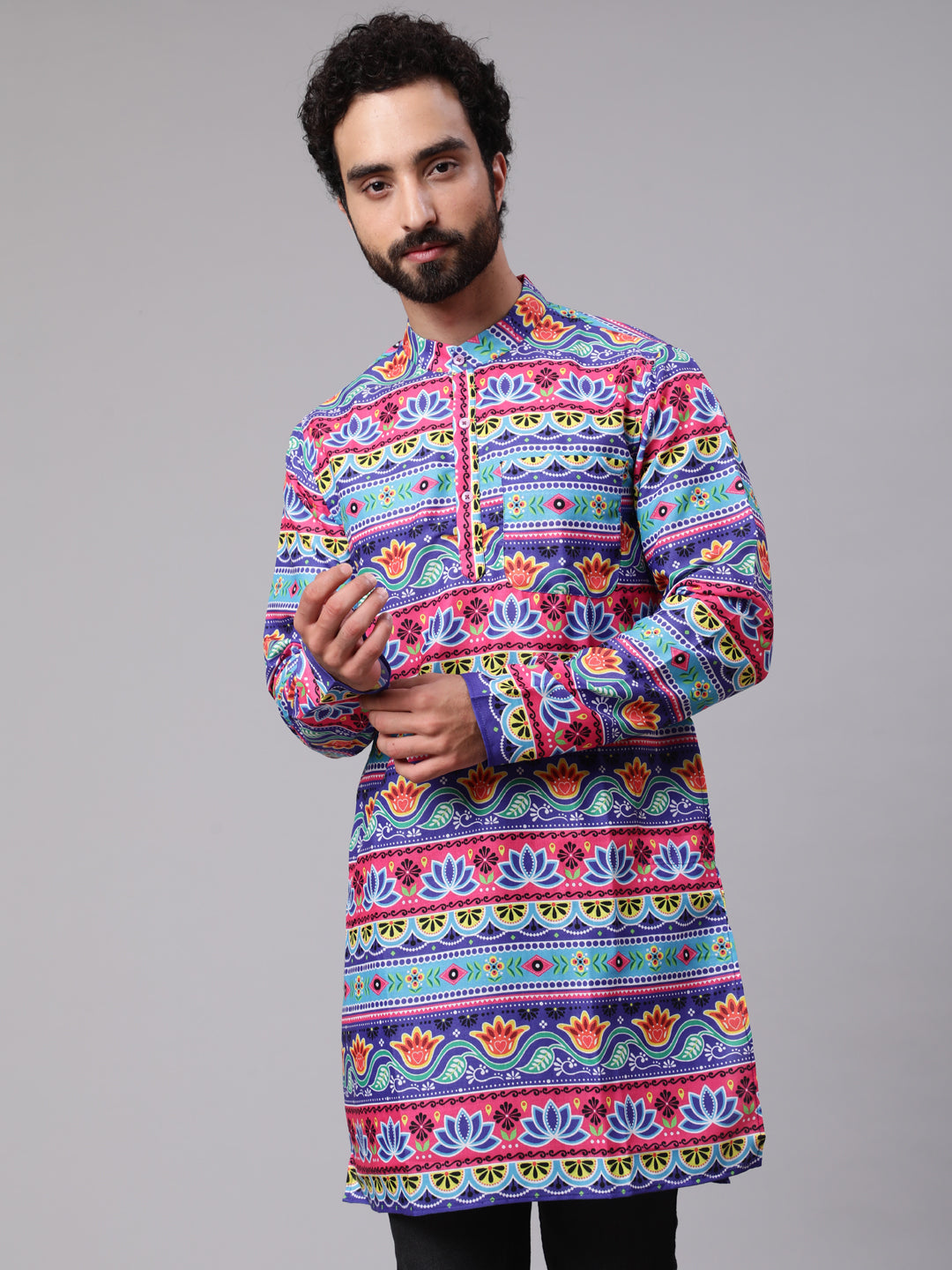 Blue Red Floral Print Kurta - Elganza