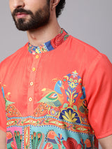 Orange Yellow Digital Print Short Kurta