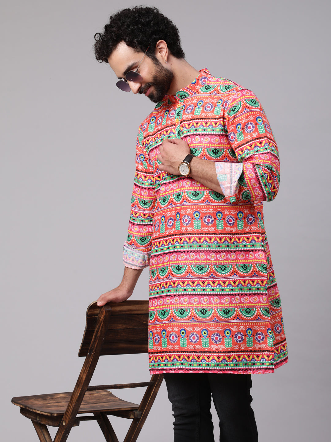 Orange Green Floral Print Kurta - Elganza