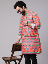 Orange Green Floral Print Kurta - Elganza