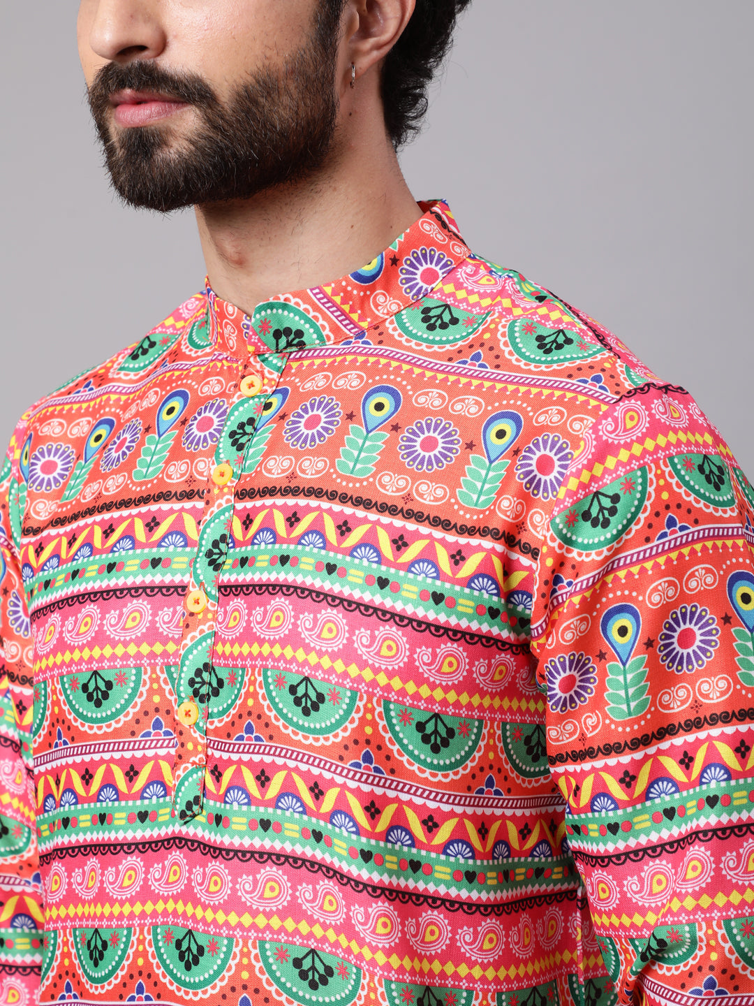 Orange Green Floral Print Kurta - Elganza