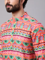 Orange Green Floral Print Kurta - Elganza