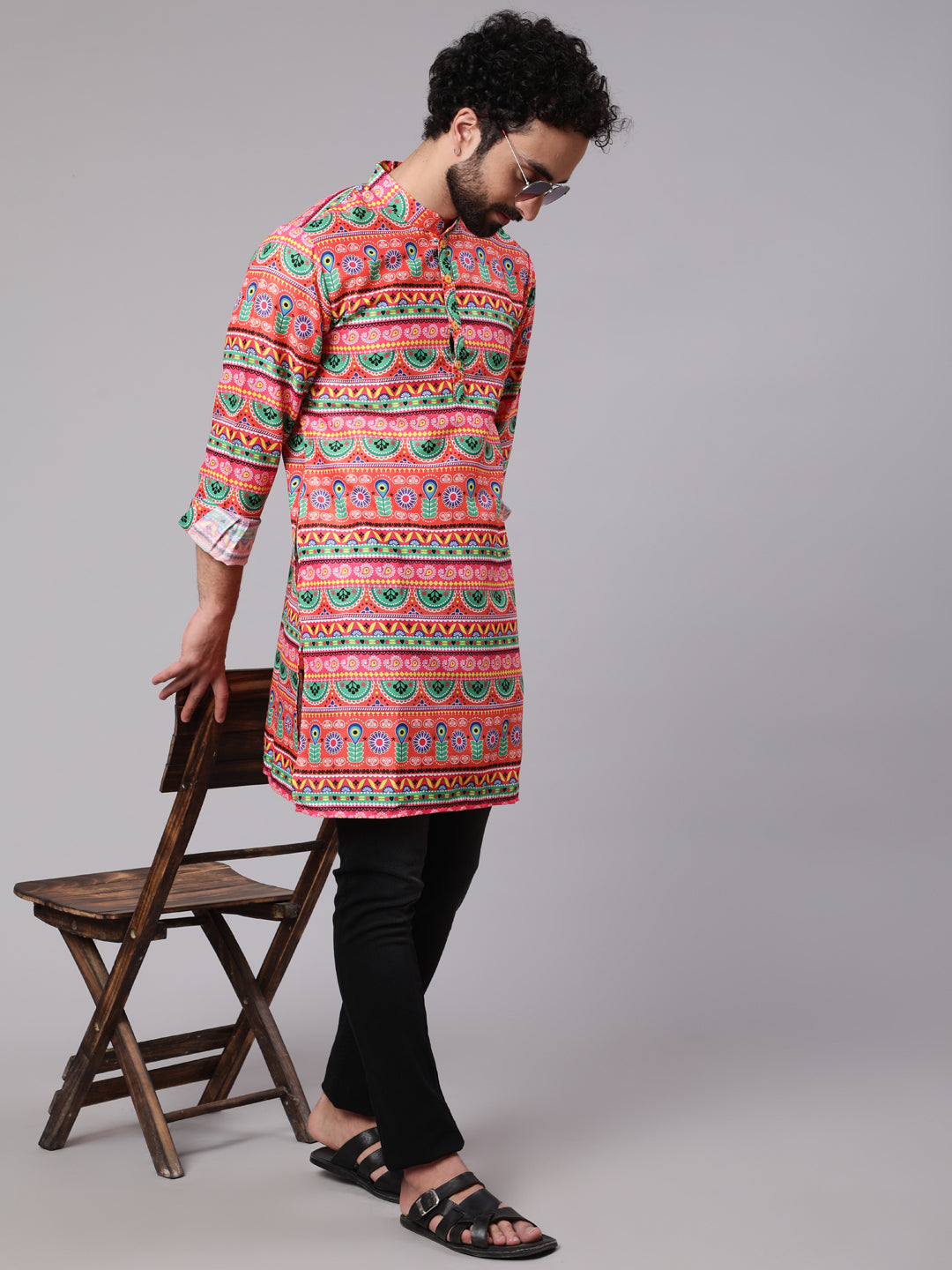Orange Green Floral Print Kurta - Elganza