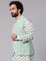 Pastel Green Embroidered Nehru Jacket - Elganza