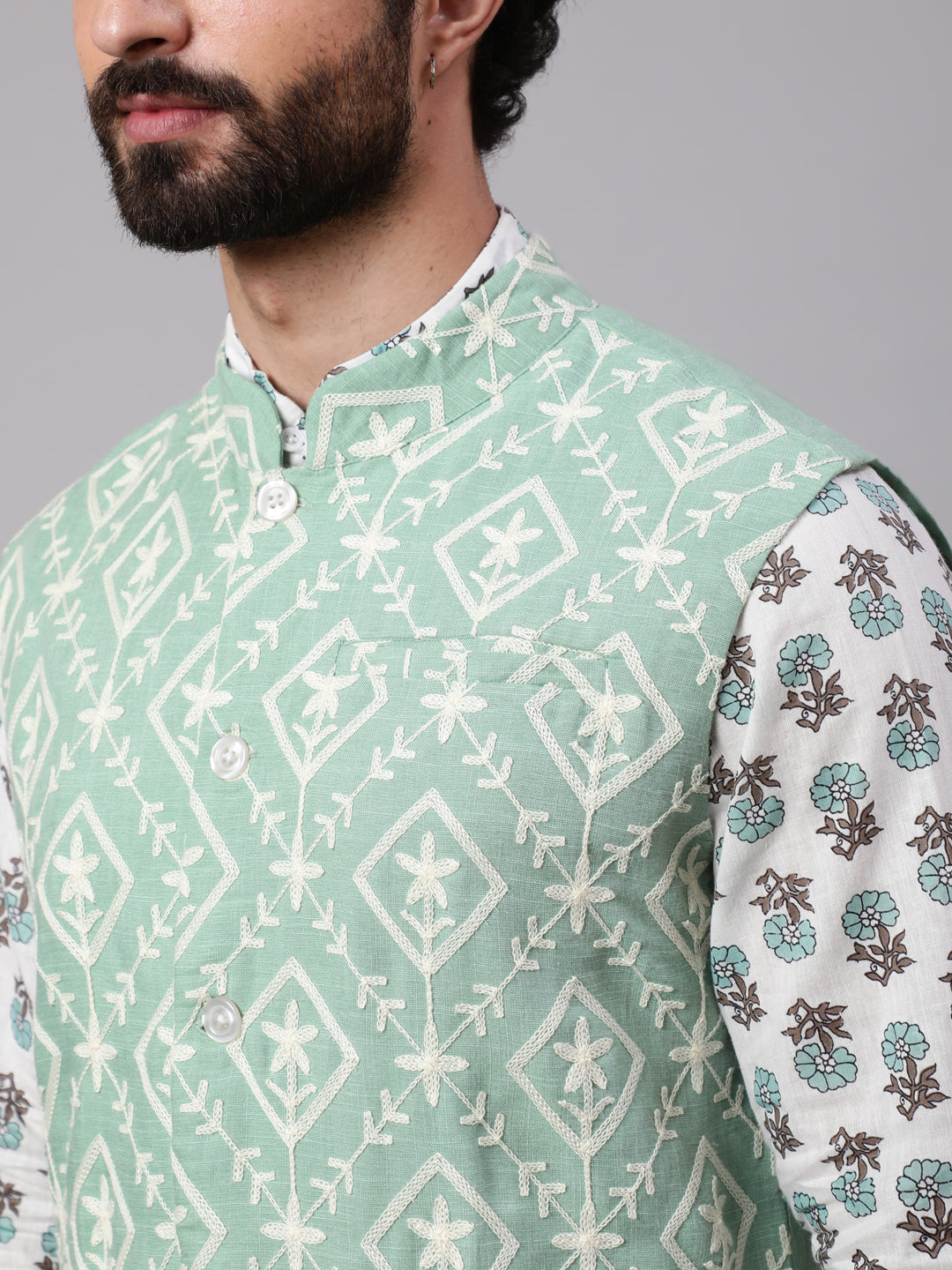 Pastel Green Embroidered Nehru Jacket - Elganza
