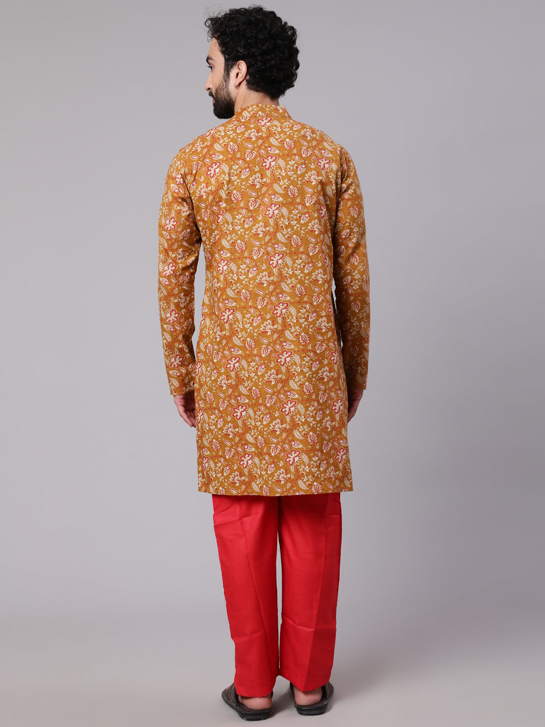 Mustard Floral Print Long Kurta - Elganza