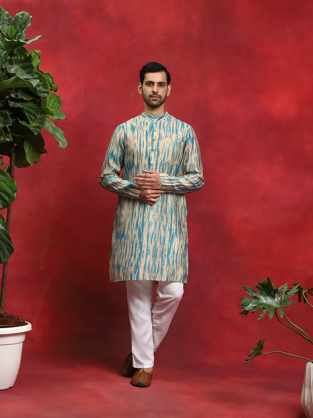 Cream & Blue Shibori Print Kurta
