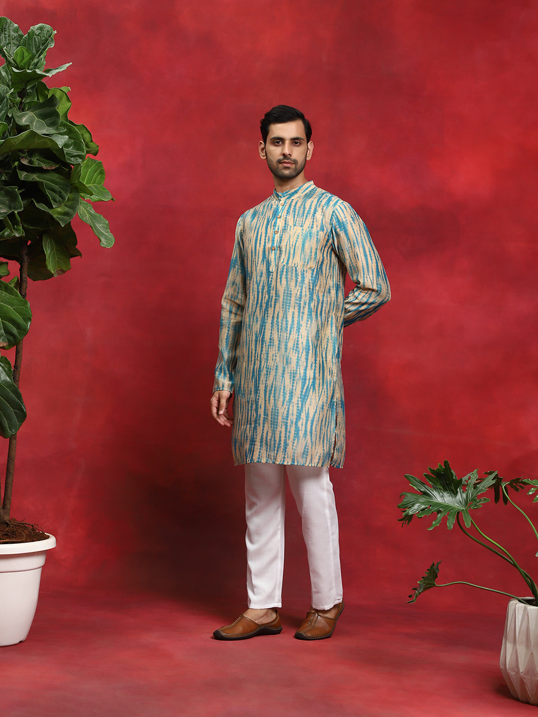 Cream & Blue Shibori Print Kurta
