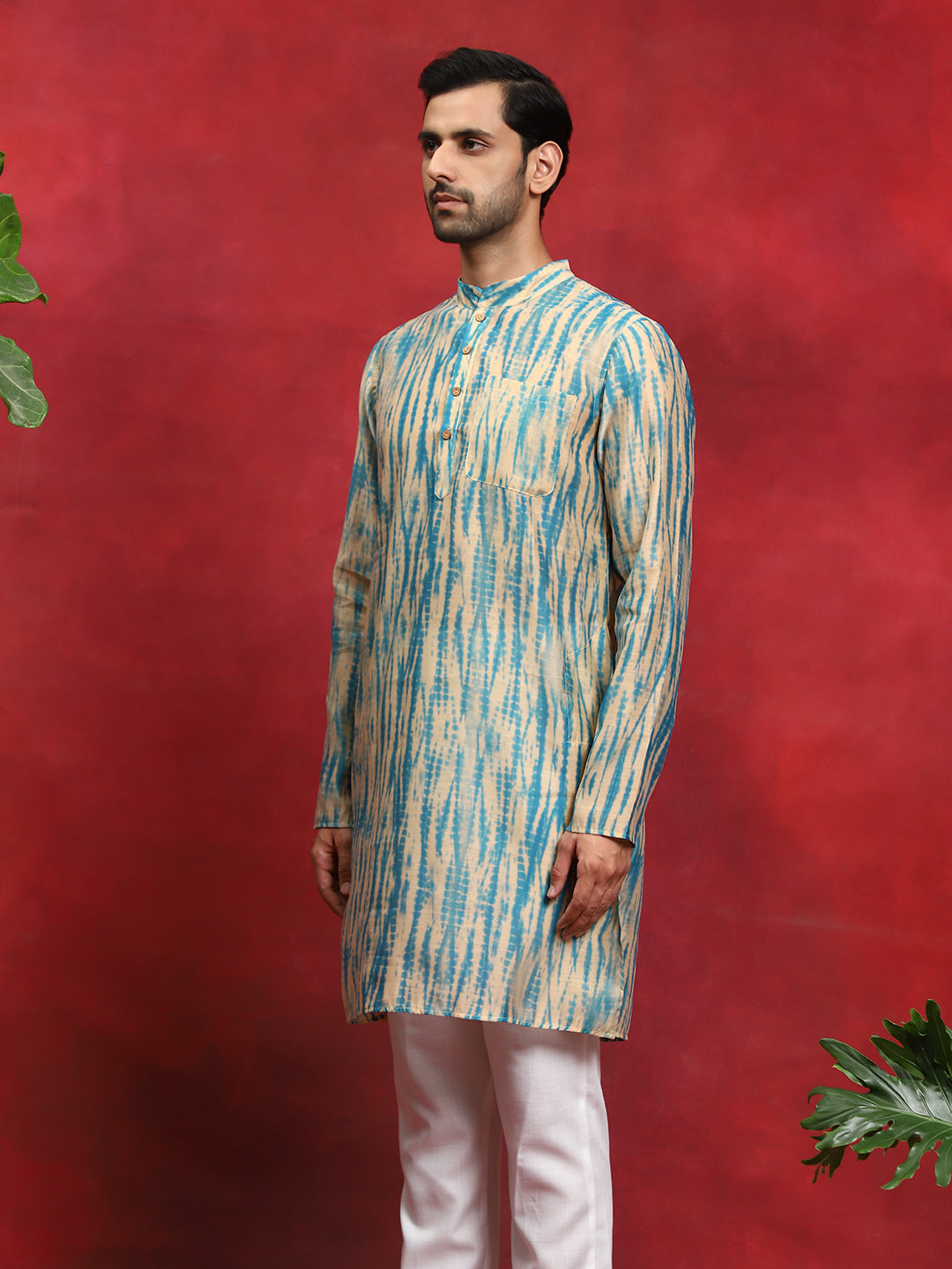 Cream & Blue Shibori Print Kurta
