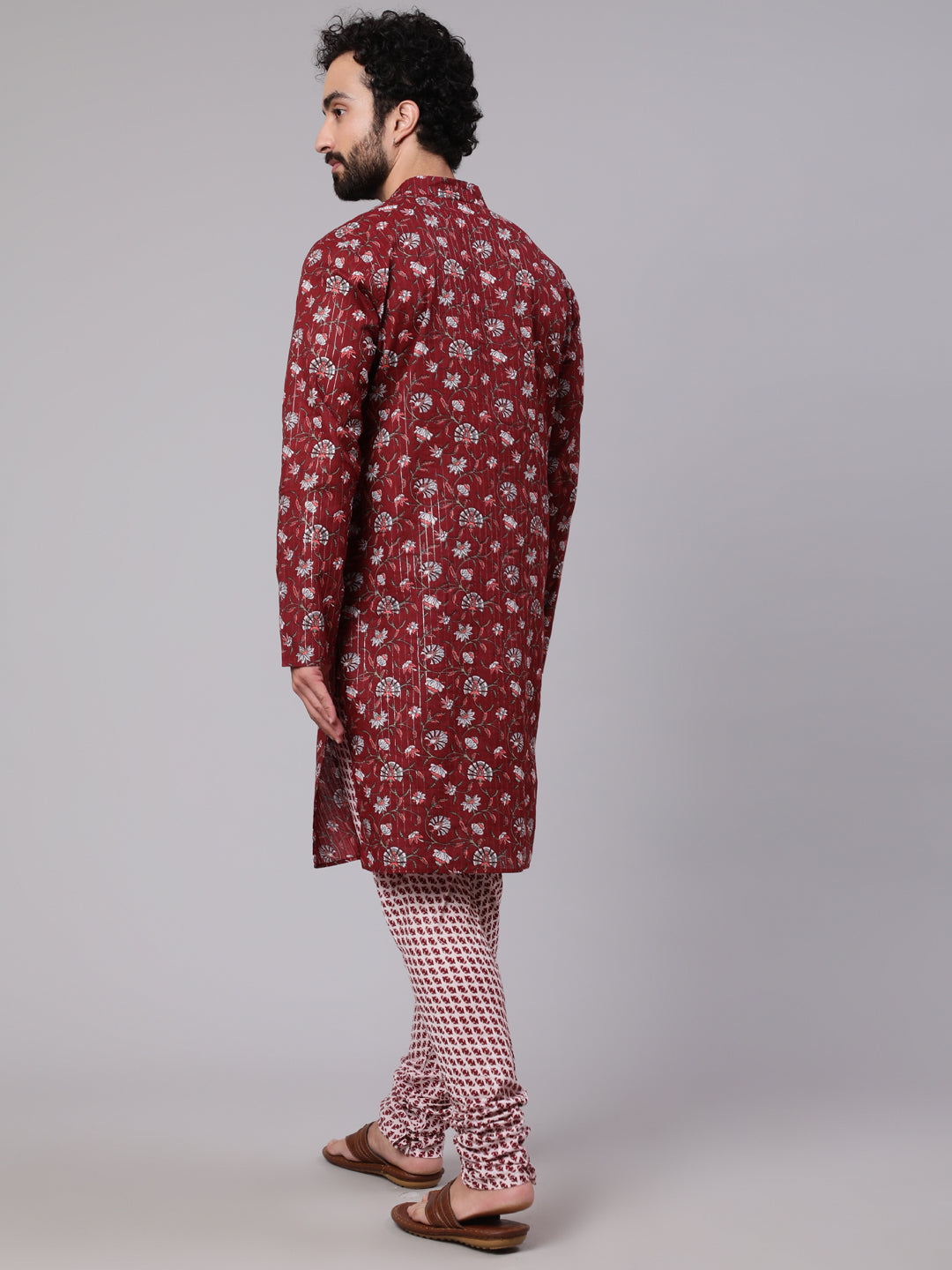 Maroon White Floral Print Kurta With Churidar - Elganza
