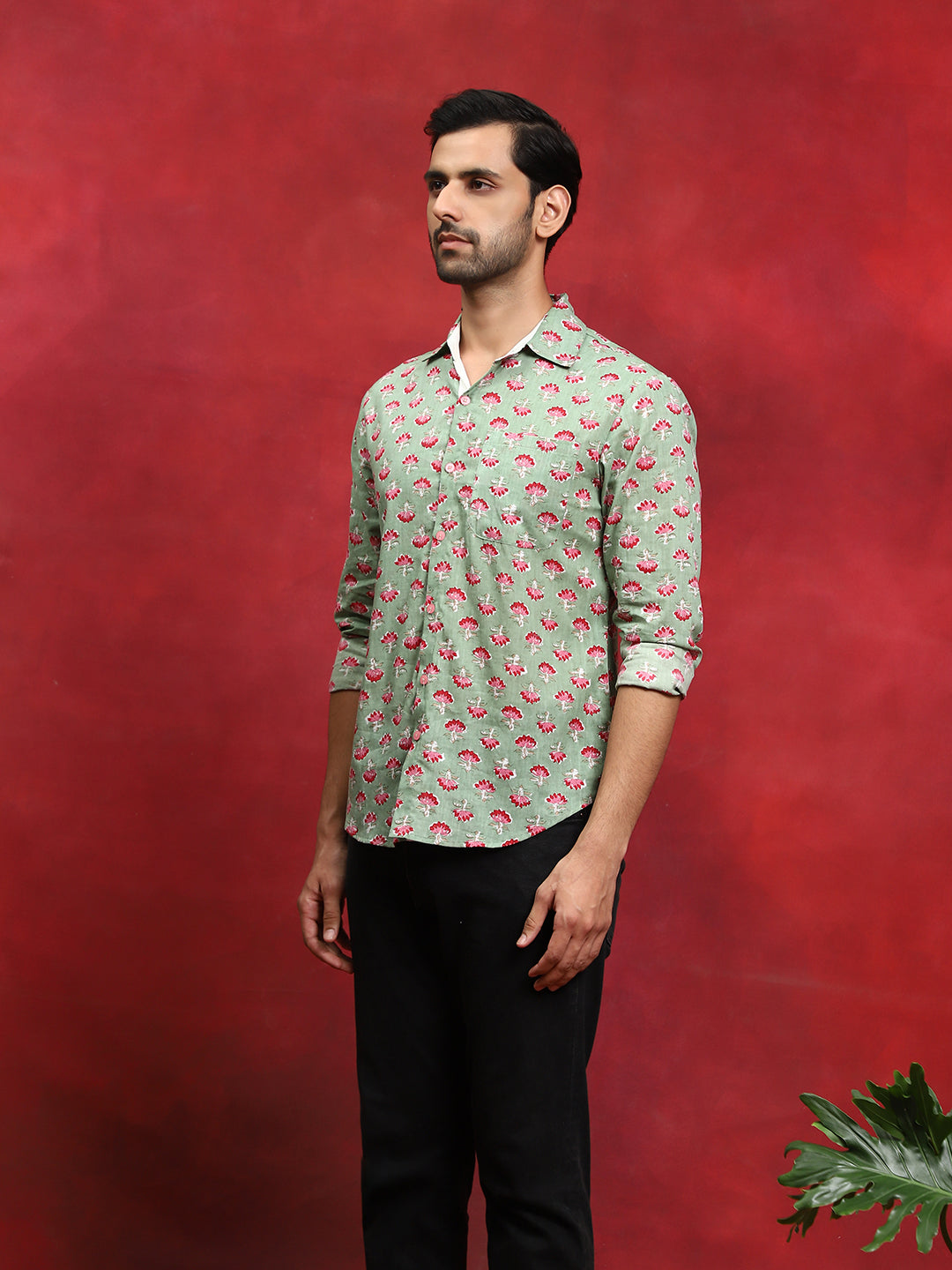 Pastel Green Floral Print Shirt - Elganza