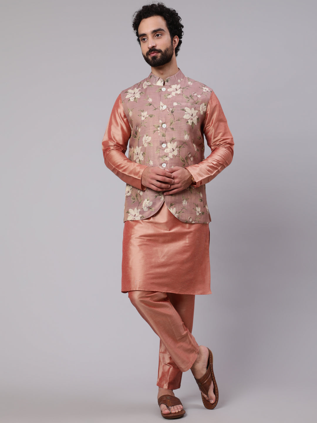 Rose Gold Kurta Pyjana With Floral Print Nehru Jacket - Elganza