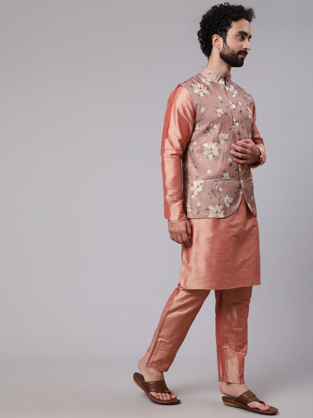 Rose Gold Kurta Pyjana With Floral Print Nehru Jacket - Elganza