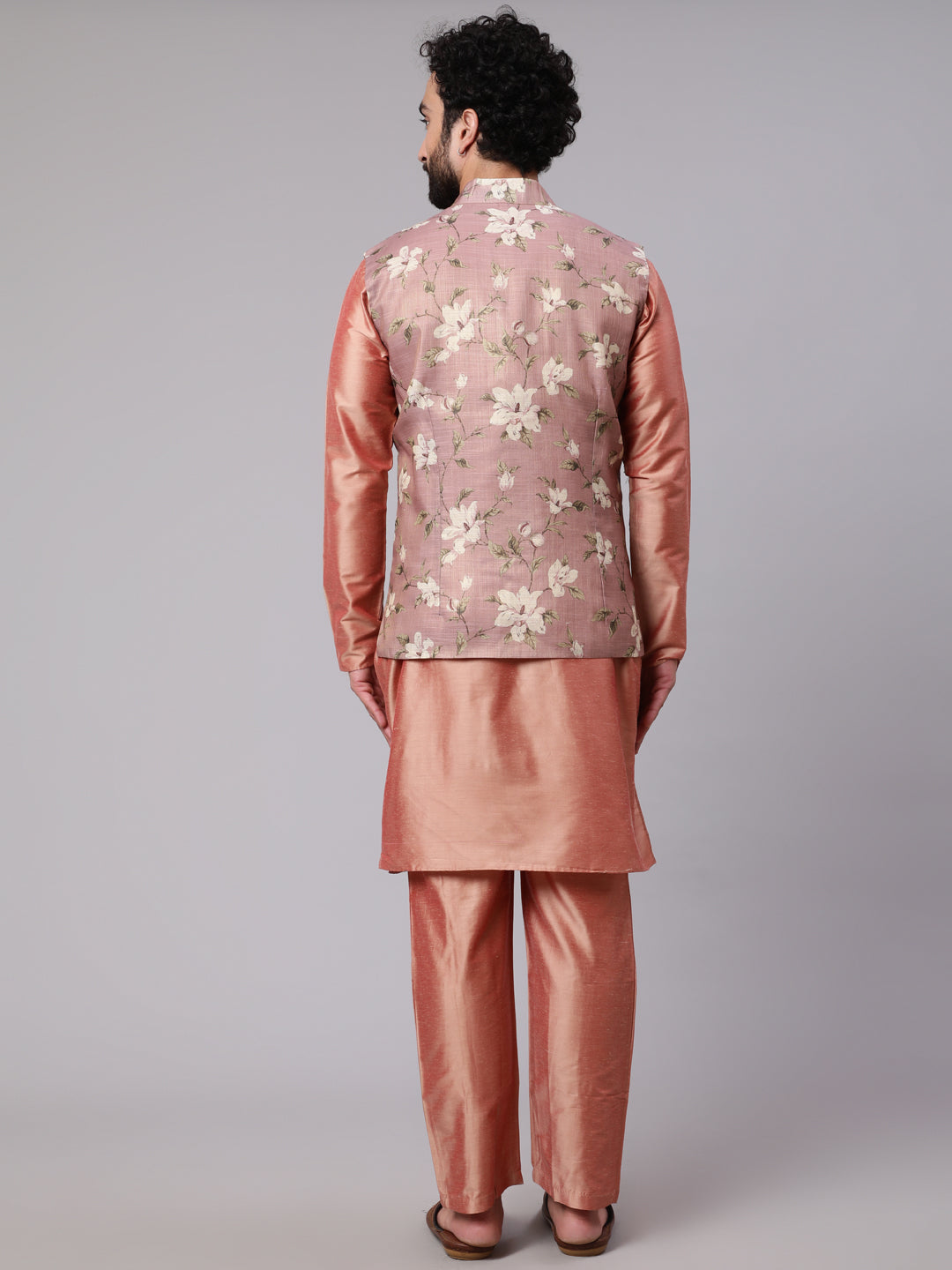 Rose Gold Kurta Pyjana With Floral Print Nehru Jacket - Elganza