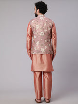 Rose Gold Kurta Pyjana With Floral Print Nehru Jacket - Elganza