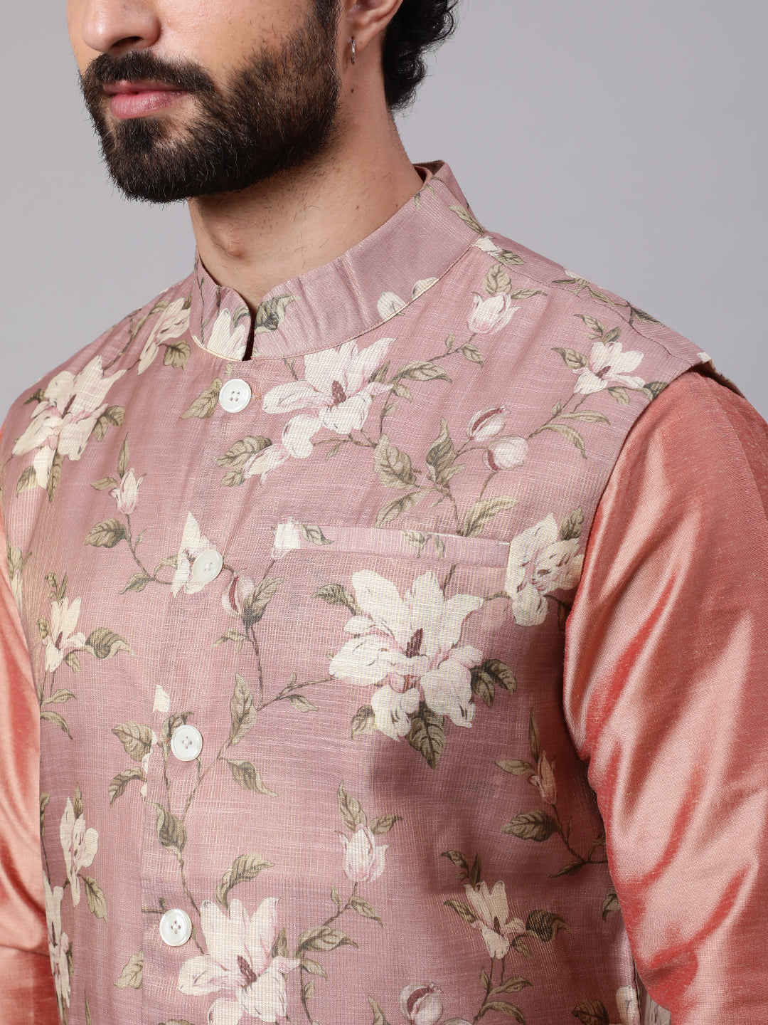 Rose Gold Kurta Pyjana With Floral Print Nehru Jacket - Elganza