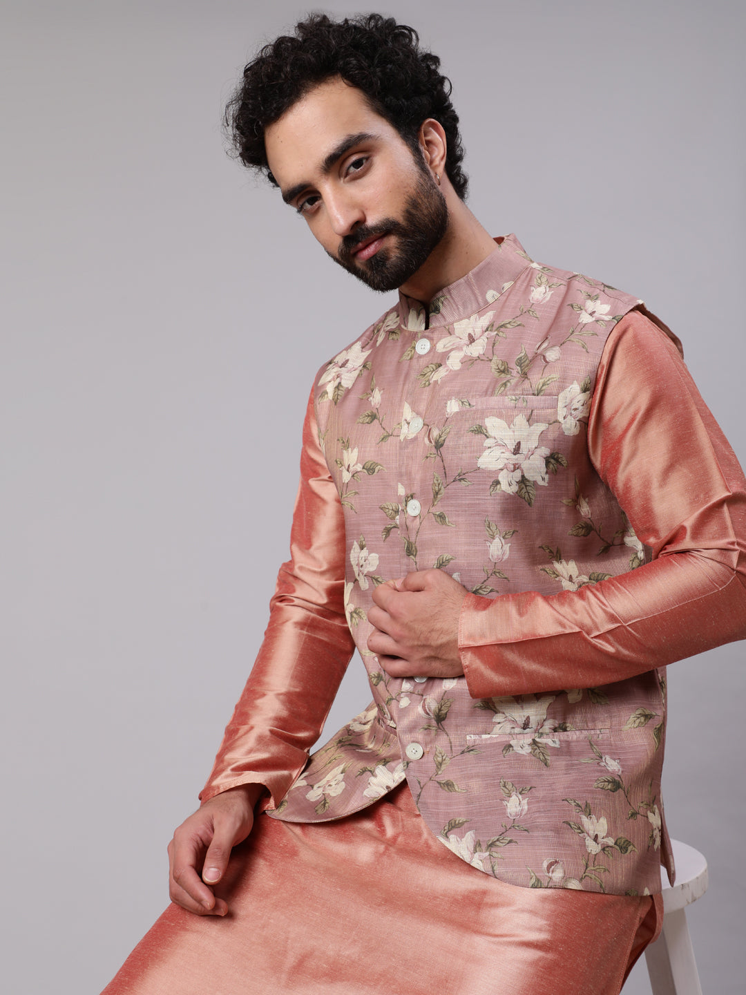 Rose Gold Kurta Pyjana With Floral Print Nehru Jacket - Elganza