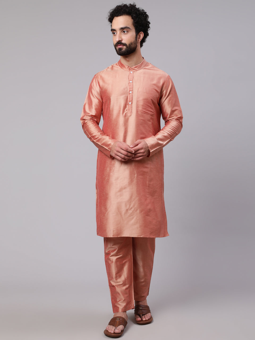 Rose Gold Kurta Pyjana With Floral Print Nehru Jacket - Elganza