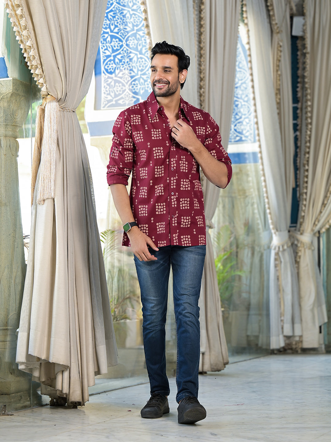 Maroon Foral Geometric Print shirt - Elganza